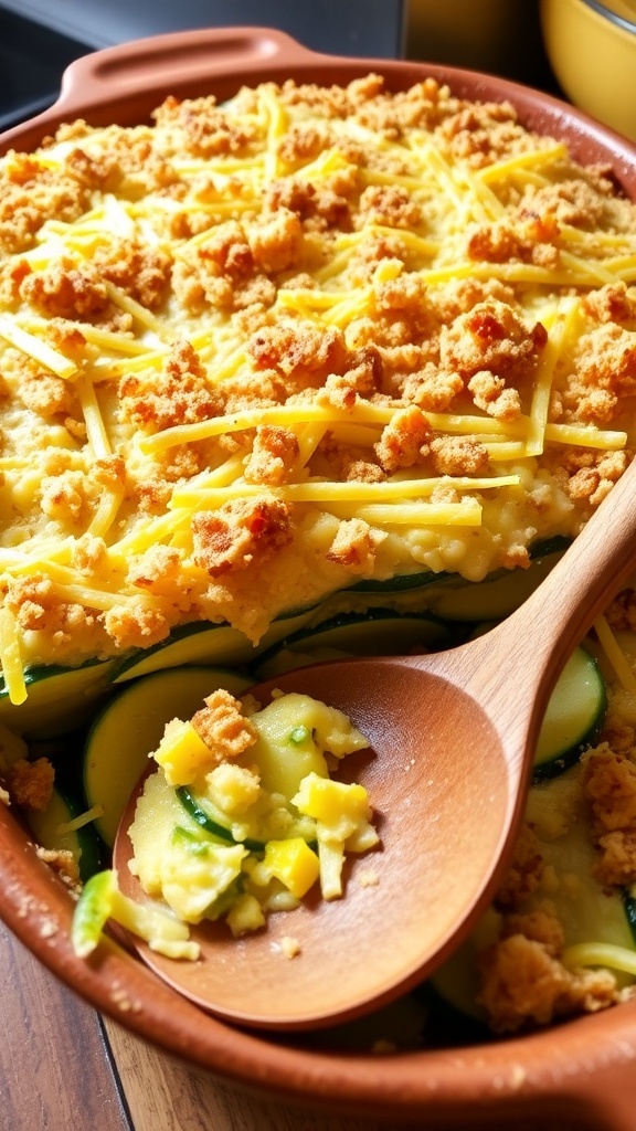 Cheesy Zucchini and Squash Casserole Recipe A cheesy zucchini and squash casserole with a golden breadcrumb topping, served in a rustic dish.